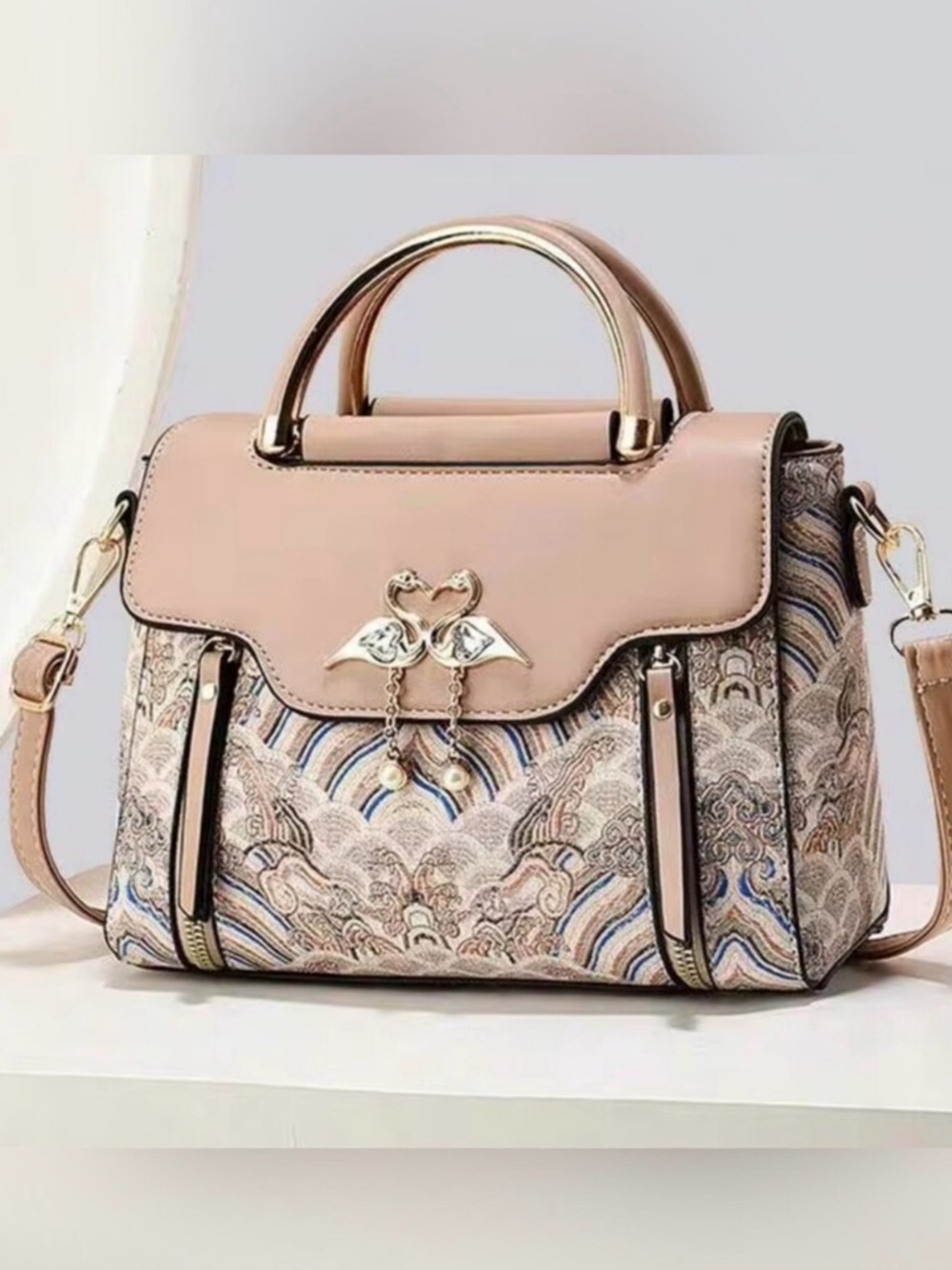 Light Khaki Faux Leather Satchel/Crossbody With Swan Accents
